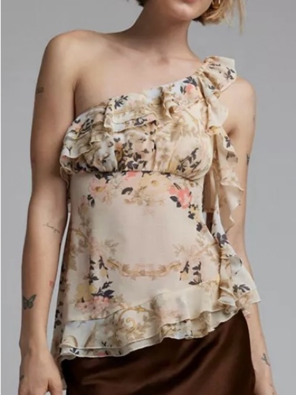Kimchi Blue One Shoulder Floral Ruffle Sheer Top Size L Coquette Romantic